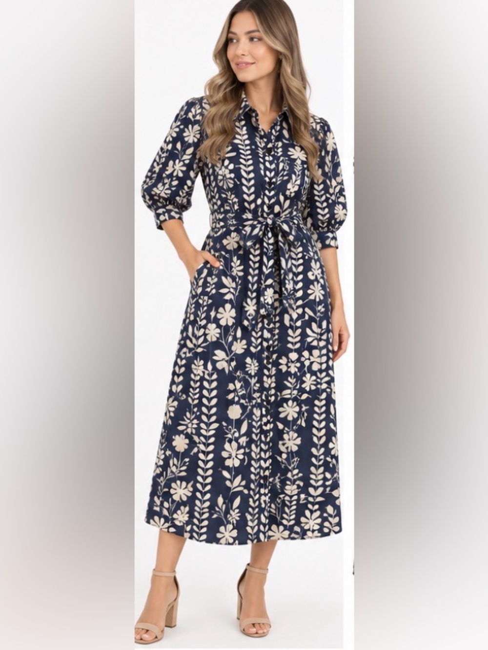 Polagram NWT Navy Ivory Floral Belted Button Front Midi Dress S Pockets